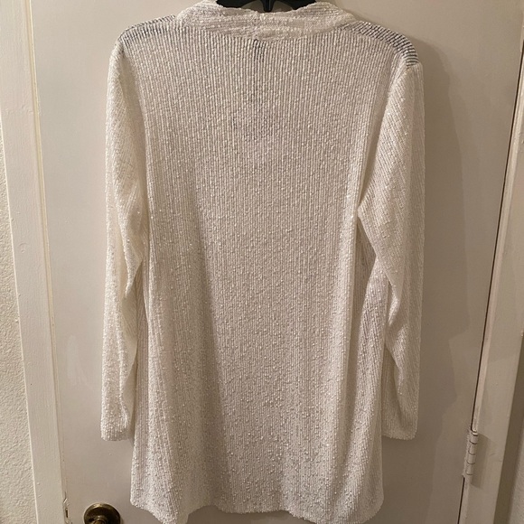 Anne Klein Bright White Sequin Hi-Lo Cardigan, 3/4 Ruched Neck. - Picture 5 of 5